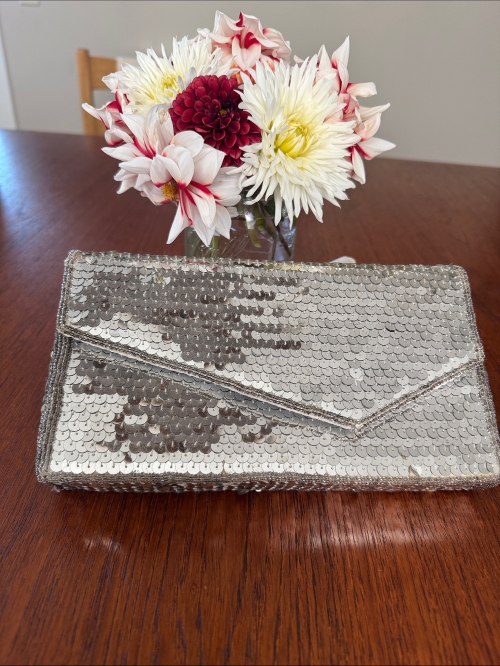 Vintage Silver Sequin Envelope Clutch - Evening Bag